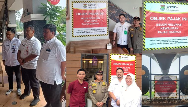 Foto Ist: Petugas Badan Pendapatan Daerah (Bapenda) Kabupaten Tangerang bersama Satpol PP melakukan pemasangan stiker peringatan pada sejumlah restoran di wilayah Kecamatan Kelapa Dua yang menunggak pajak daerah, sebagai bentuk penindakan administratif guna meningkatkan kepatuhan wajib pajak.