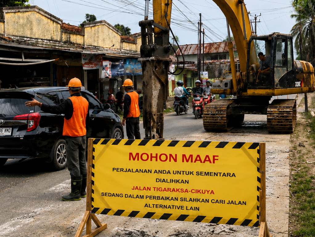 Foto Ist: Alat berat milik Dinas Bina Marga dan Sumber Daya Air (DBMSDA) Kabupaten Tangerang tengah melaksanakan pekerjaan rekonstruksi dan peningkatan infrastruktur sebagai bagian dari program penanganan 76 ruas jalan dan jembatan di 29 kecamatan.
